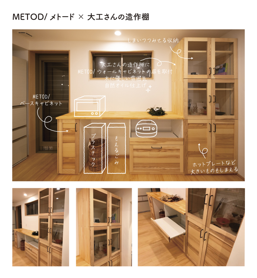 多様なカスタマイズができるイケアのキッチンシステム「METOD（メトード）」。
大工さんの造作棚とMETODの多様なパーツを組み合わせることによって、キッチンのサイズや自分の理想に合わせて、造作キッチンのように仕上げることができます。